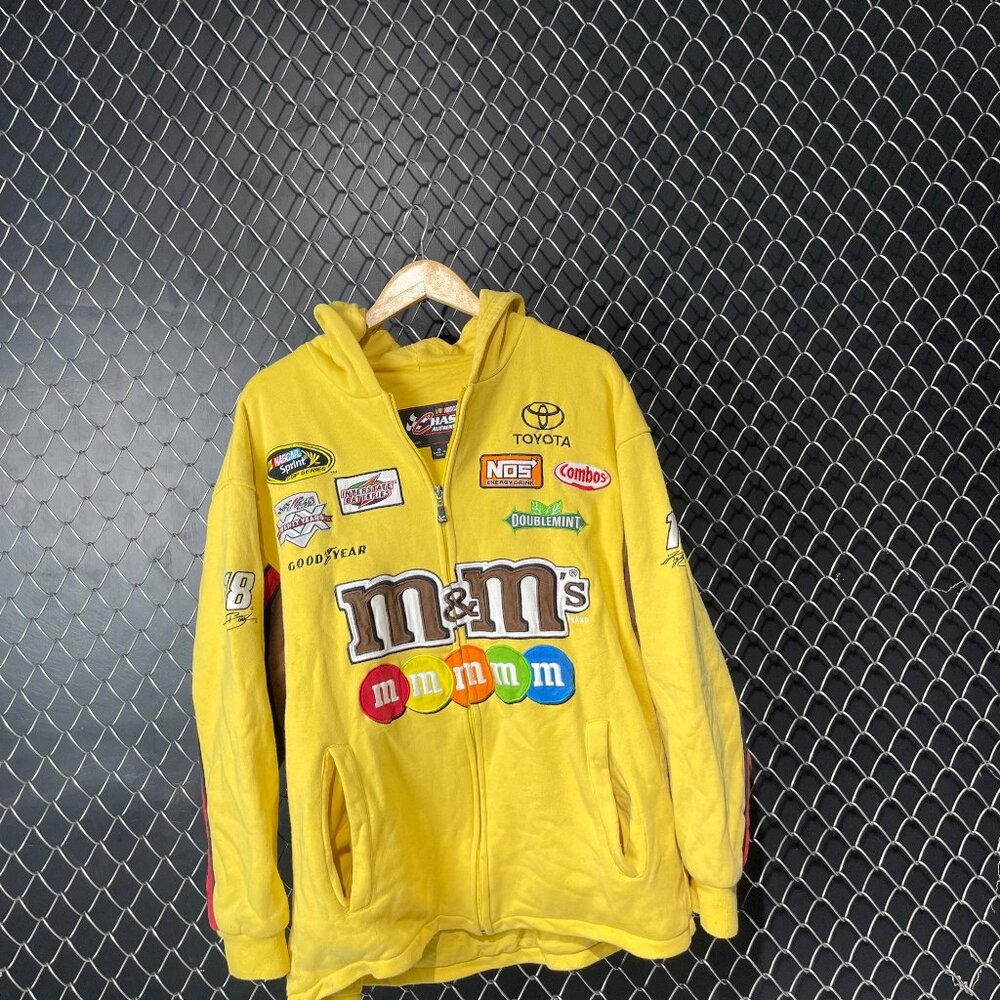 Vintage Style NASCAR M&M’s Racing Hoodie Jacket Yellow Full Zip Goodyear Toyota